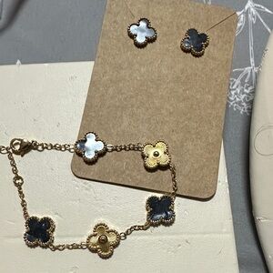 Gold Clover Bracelet and Stud Earrings Set with Black Mother-of-Pearl